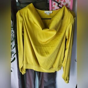 Calligraphy shiny gold yellow long sleeve top cowl drape neck ribbed hem